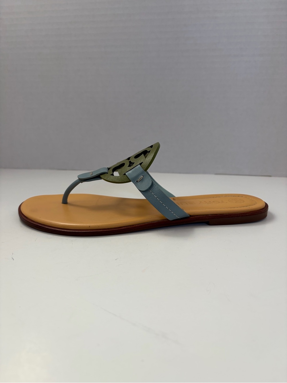 Tory Burch Miller Sandals Double T Logo Leather Green Tan Northern Blue Size 9M - Picture 15 of 16